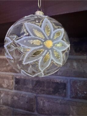 Hand-Painted Glass Christmas Ornament with Gold & White Floral Design
